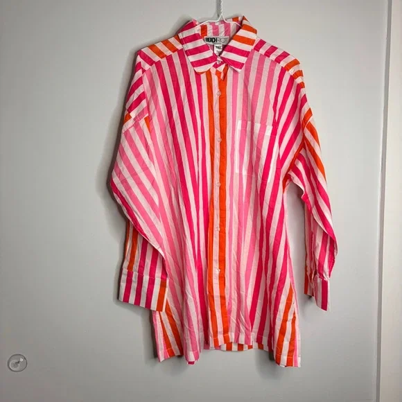 Beach Riot NWOT Womens L/XL Pink & Orange Striped Button-Up Shirt Swim Cover - Picture 2 of 10